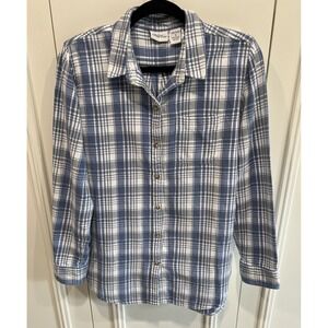 The Vermont Country Store Plaid Flannel Button Up Shirt Size Small Blue & White